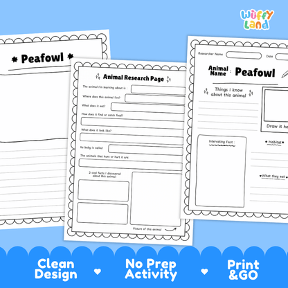 Three printable worksheet pages for animal research, featuring a peafowl theme, displayed on a blue background with promotional text at the bottom.