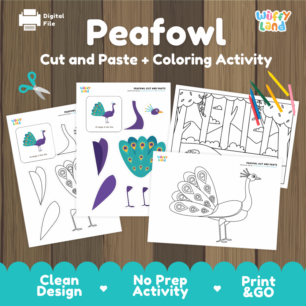 Peafowl Cut and Paste Craft and Coloring Activity Worksheets