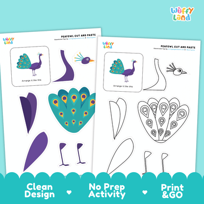 Peafowl Cut and Paste Craft and Coloring Activity Worksheets