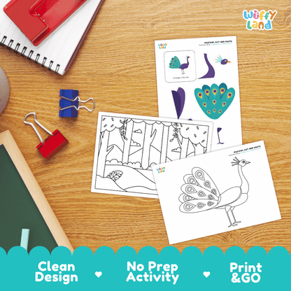Peafowl Cut and Paste Craft and Coloring Activity Worksheets