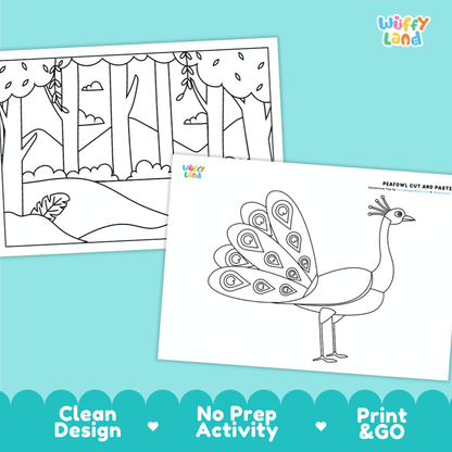 Peafowl Cut and Paste Craft and Coloring Activity Worksheets