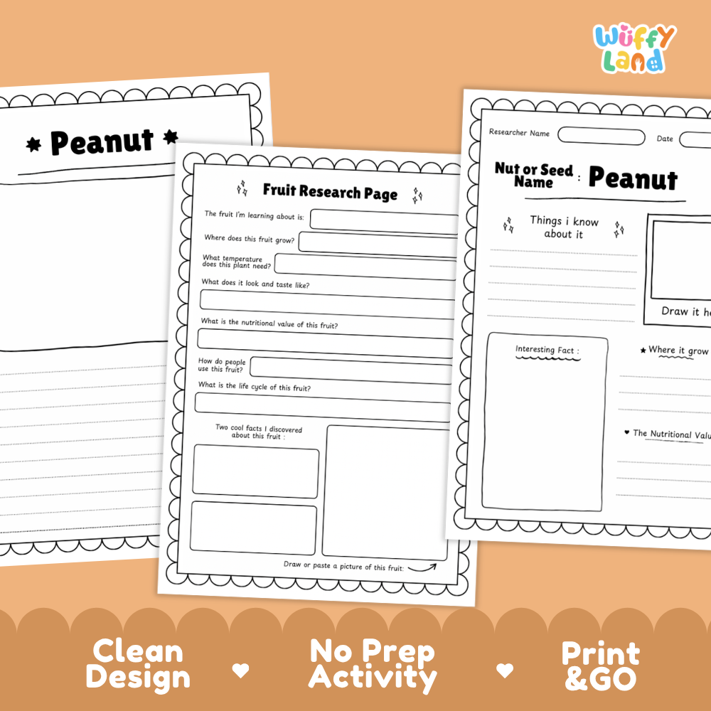 Three printable worksheet pages for a fruit research activity about peanuts, shown on an orange background with decorative scalloped borders and the text 'Clean Design', 'No Prep Activity', and 'Print & GO'. The top-right corner includes the 'Wiffly Land' brand logo.