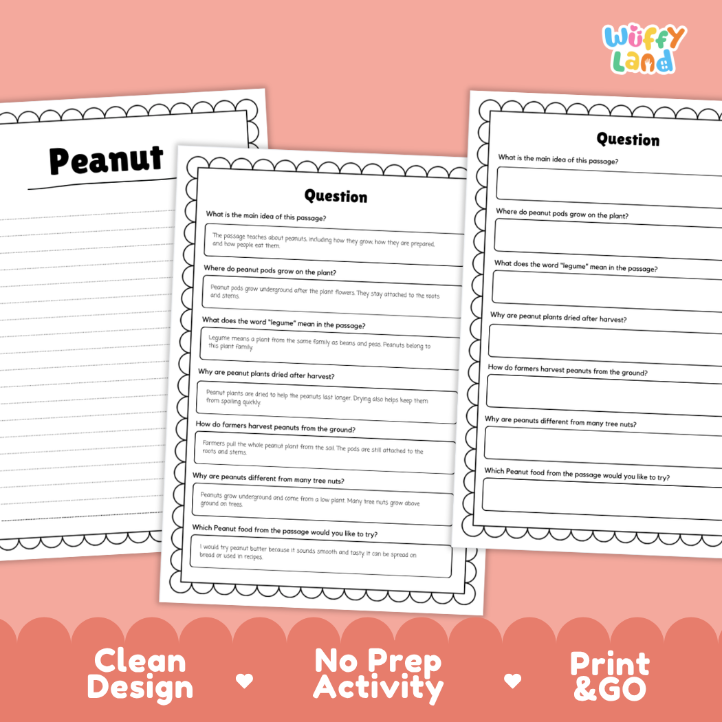Three printable worksheet pages for a peanut-themed reading activity, shown on a pink background with the text 'Clean Design', 'No Prep Activity', and 'Print & GO'. The worksheets include a title page labeled 'Peanut' and two activity pages with comprehension questions.