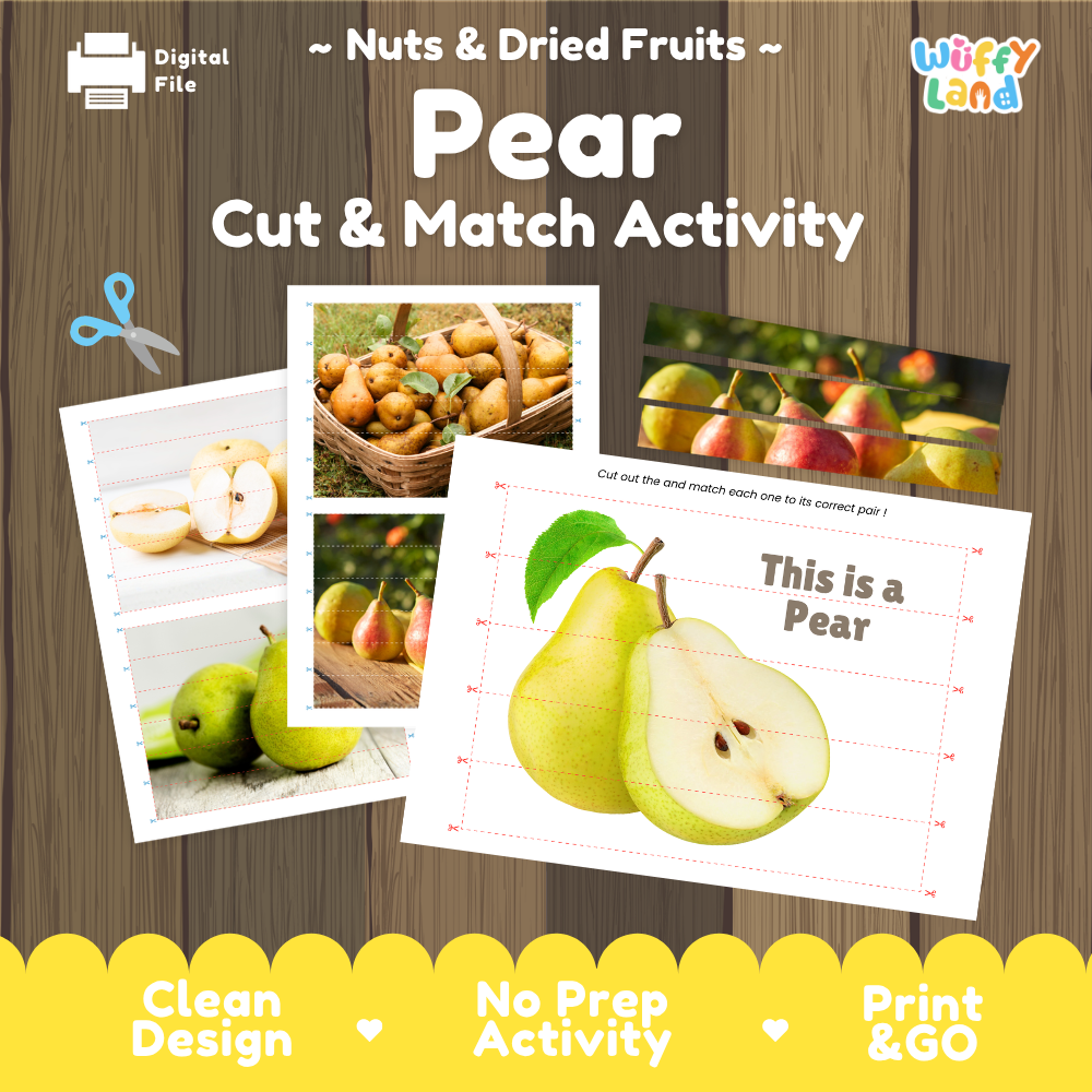 Pear cut and match activity cover showing printable fine motor puzzle sheets and fruit photographs