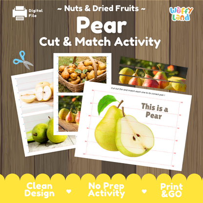 Pear cut and match activity cover showing printable fine motor puzzle sheets and fruit photographs
