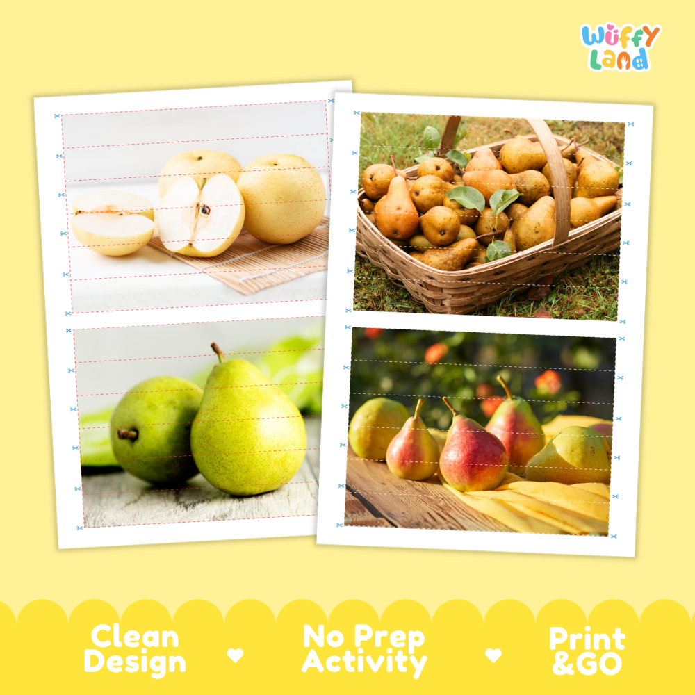 Printable activity sheets featuring photographic pear puzzle boards and cutting guides