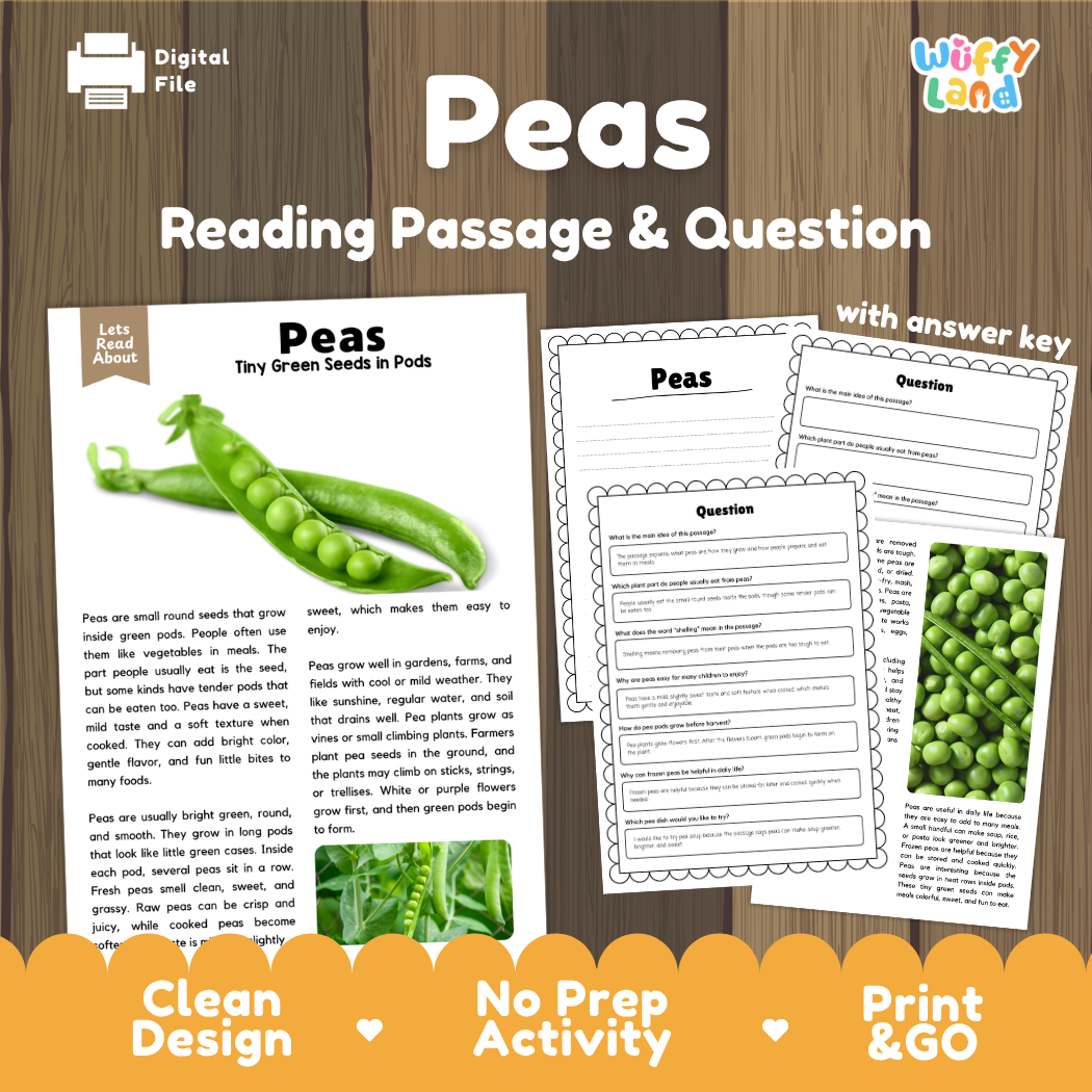 Peas reading comprehension passage and questions printable activity pack with answer key for elementary students
