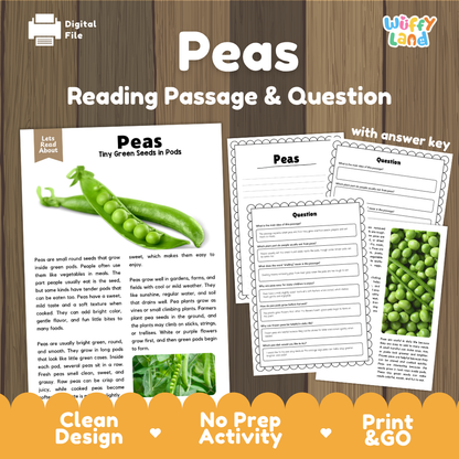 Peas reading comprehension passage and questions printable activity pack with answer key for elementary students