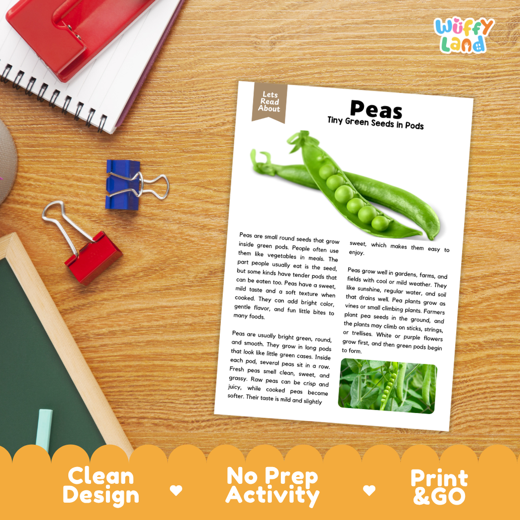 Student reading comprehension worksheet with short-answer questions and lined sections about green peas