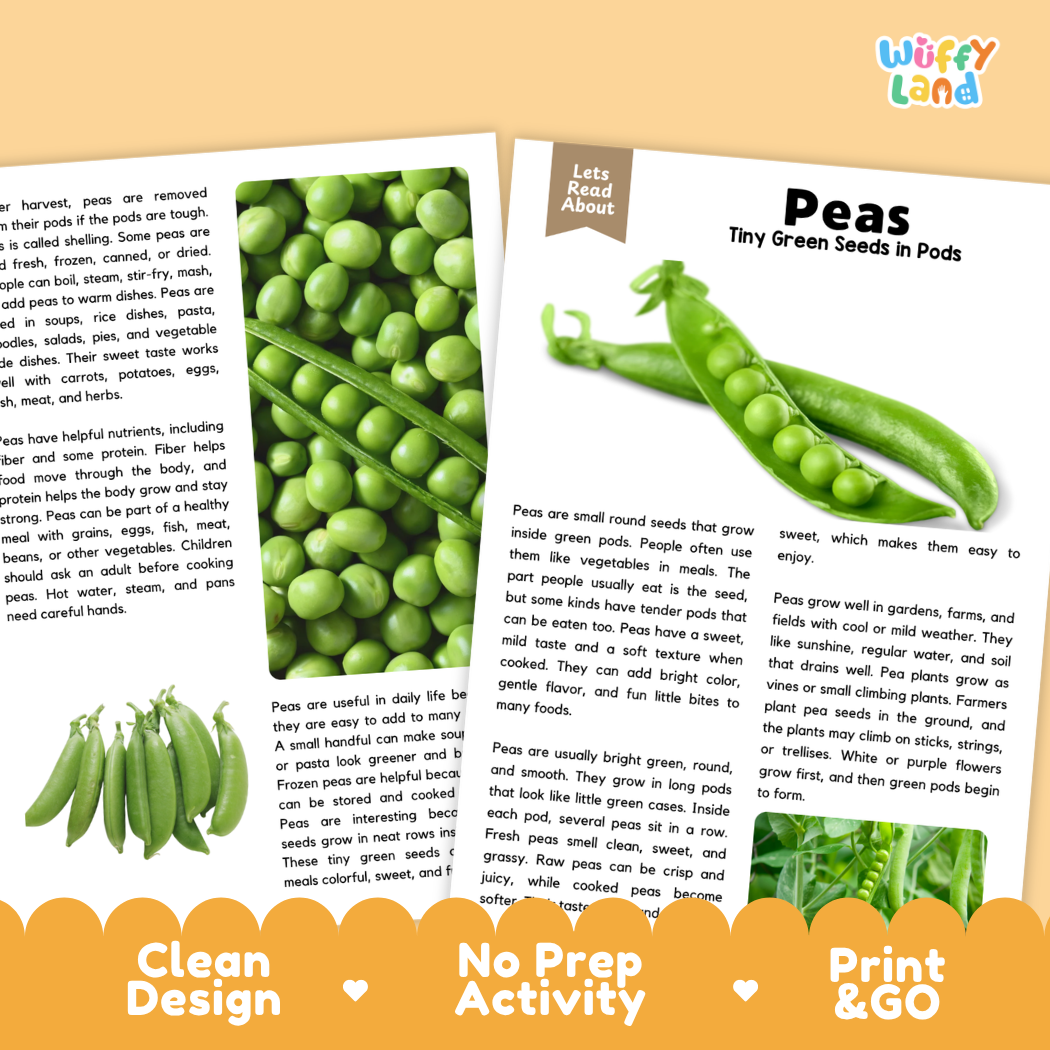 Teacher answer key page showing complete question solutions for green peas reading comprehension practice