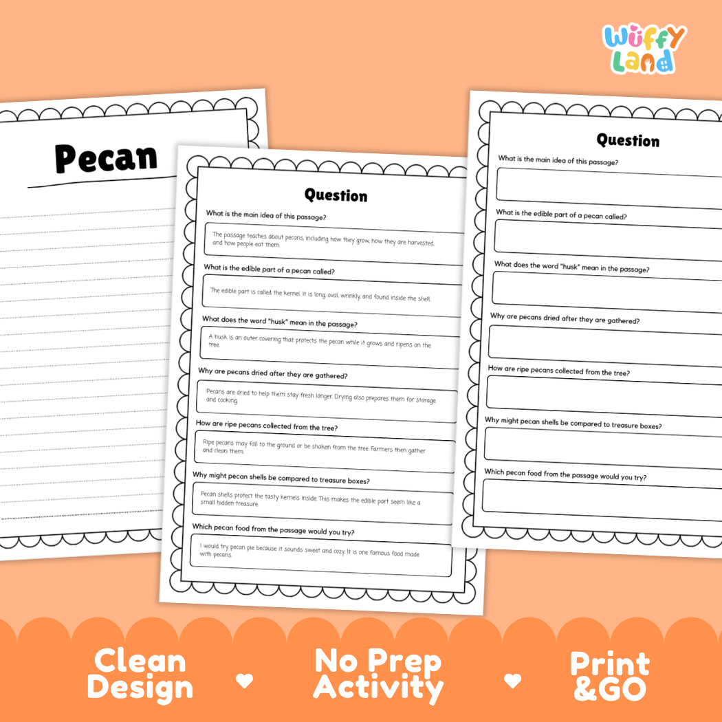 Three printable worksheet pages for a 'Pecan' themed educational activity, displayed on an orange background with promotional text at the bottom. The pages feature black text on white paper with decorative scalloped borders and labeled sections including 'Pecan', 'Question', and 'Answer'.