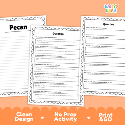 Three printable worksheet pages for a 'Pecan' themed educational activity, displayed on an orange background with promotional text at the bottom. The pages feature black text on white paper with decorative scalloped borders and labeled sections including 'Pecan', 'Question', and 'Answer'.