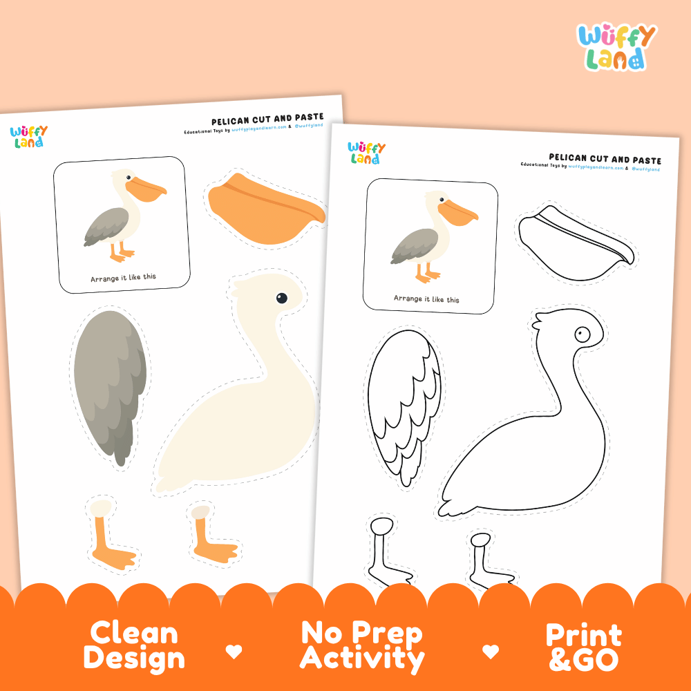 Pelican Cut and Paste Craft and Coloring Activity Worksheets