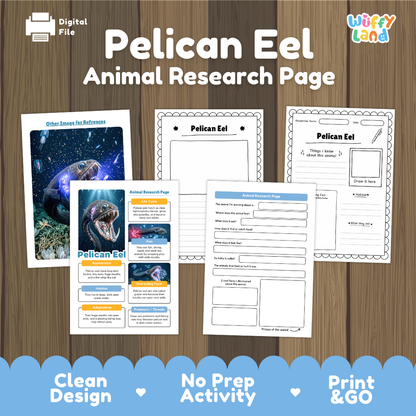 Digital product preview for a 'Pelican Eel Animal Research Page' by Wiffy Land, displayed on a wood-grain background. The image shows several printable worksheet pages with colorful illustrations of a pelican eel, including an infographic, a fact sheet, and activity pages.