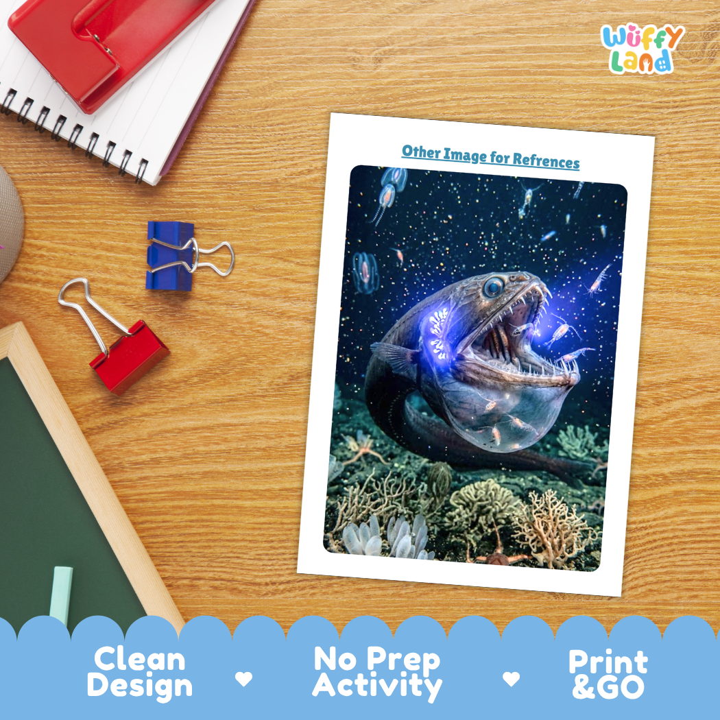 A printed reference card featuring a glowing deep-sea fish illustration lies on a wooden desk, surrounded by school supplies like notebooks, binder clips, and a chalkboard. The card has a white border and the text 'Other Image for References' at the top.