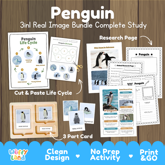 Penguin 3-in-1 real image bundle complete study cover showing cut and paste life cycle, 3 part cards, and research pages