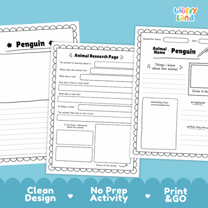 Penguin Animal Research Page Worksheets and Fact Sheet Activity