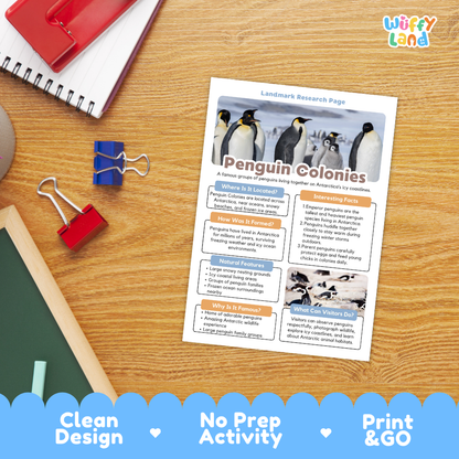 A printed educational activity sheet titled 'Landmark Research Page' about penguin colonies, laid on a wooden desk with notebooks, binder clips, and a chalkboard nearby. The sheet includes a penguin photo and text boxes.