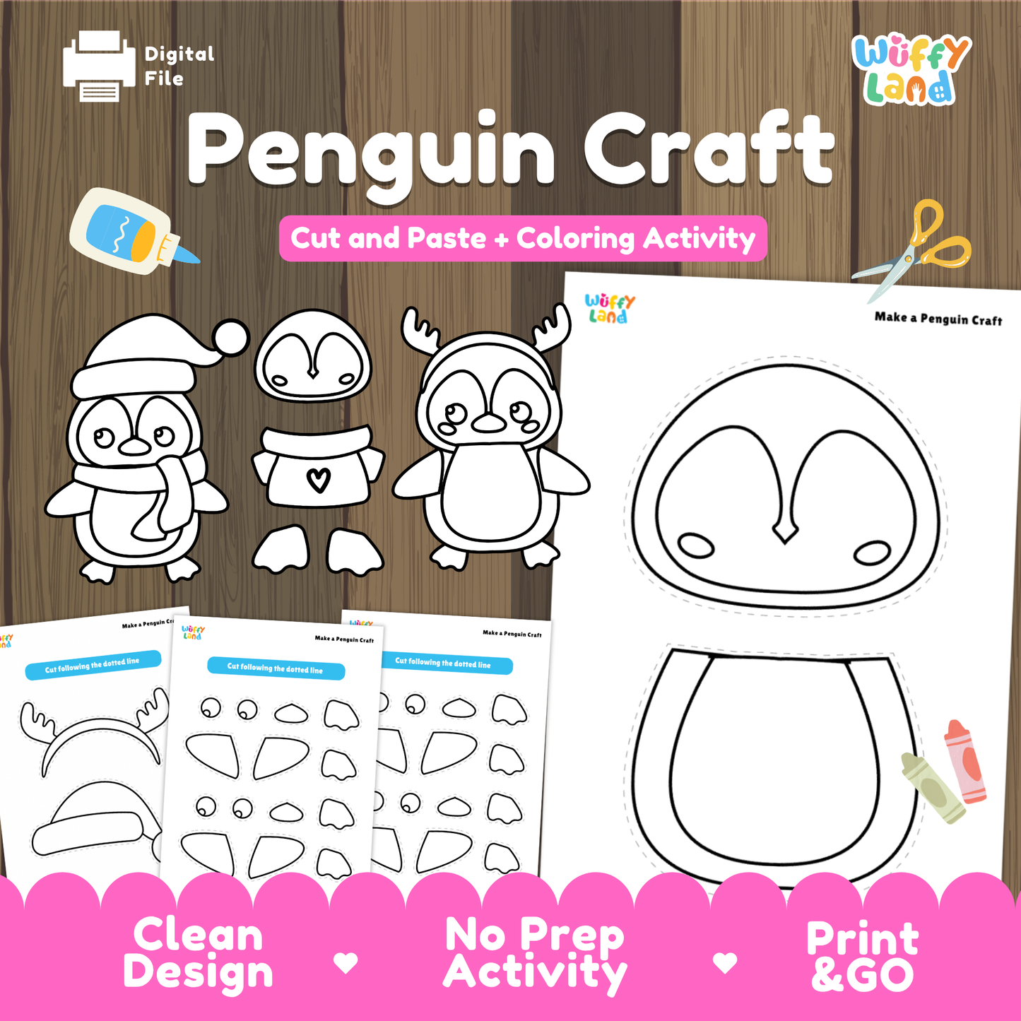 Printable penguin craft activity sheets showing cut-and-paste pieces, coloring templates, and different penguin designs including winter and holiday accessories.