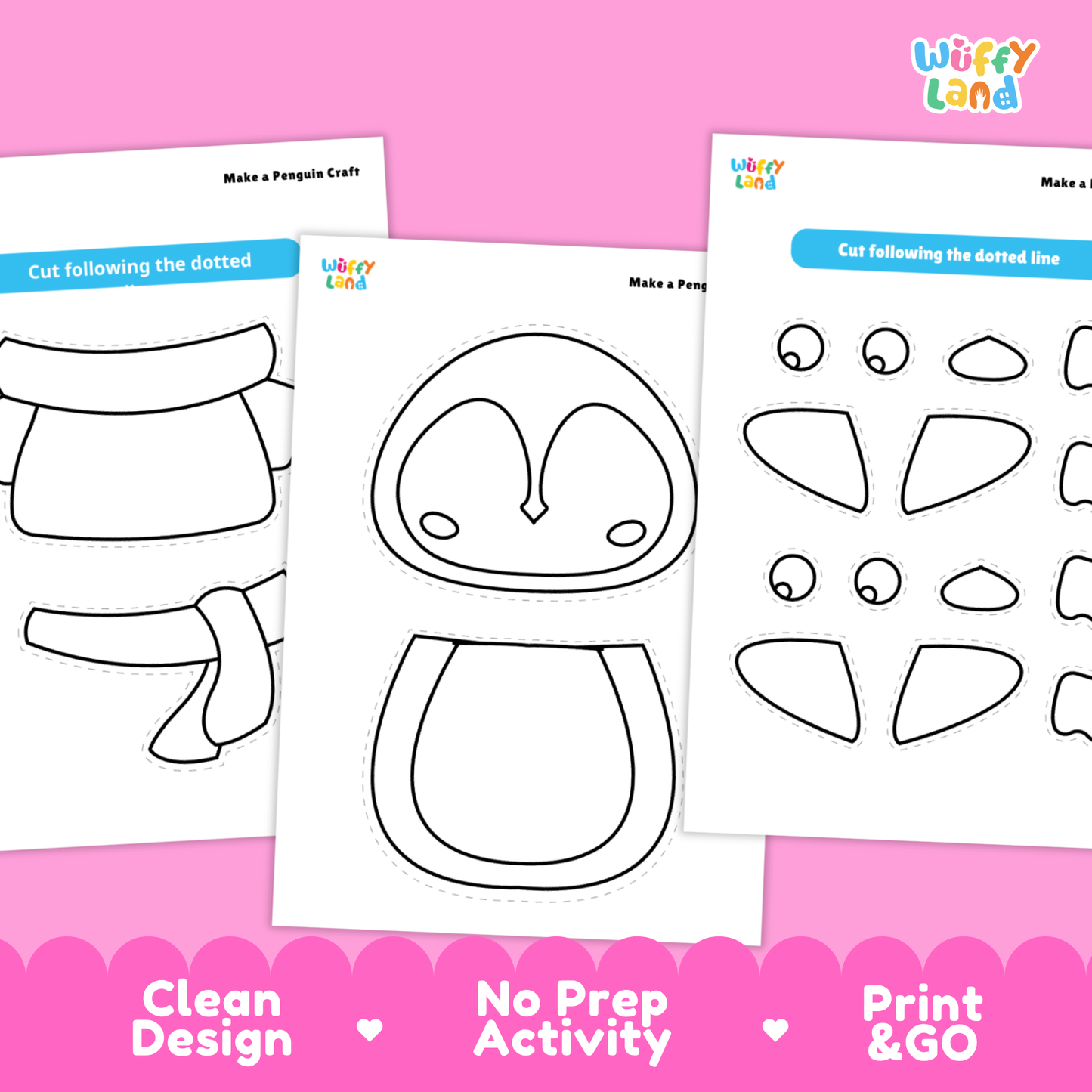 Printable penguin craft activity sheets showing cut-and-paste pieces, coloring templates, and different penguin designs including winter and holiday accessories.