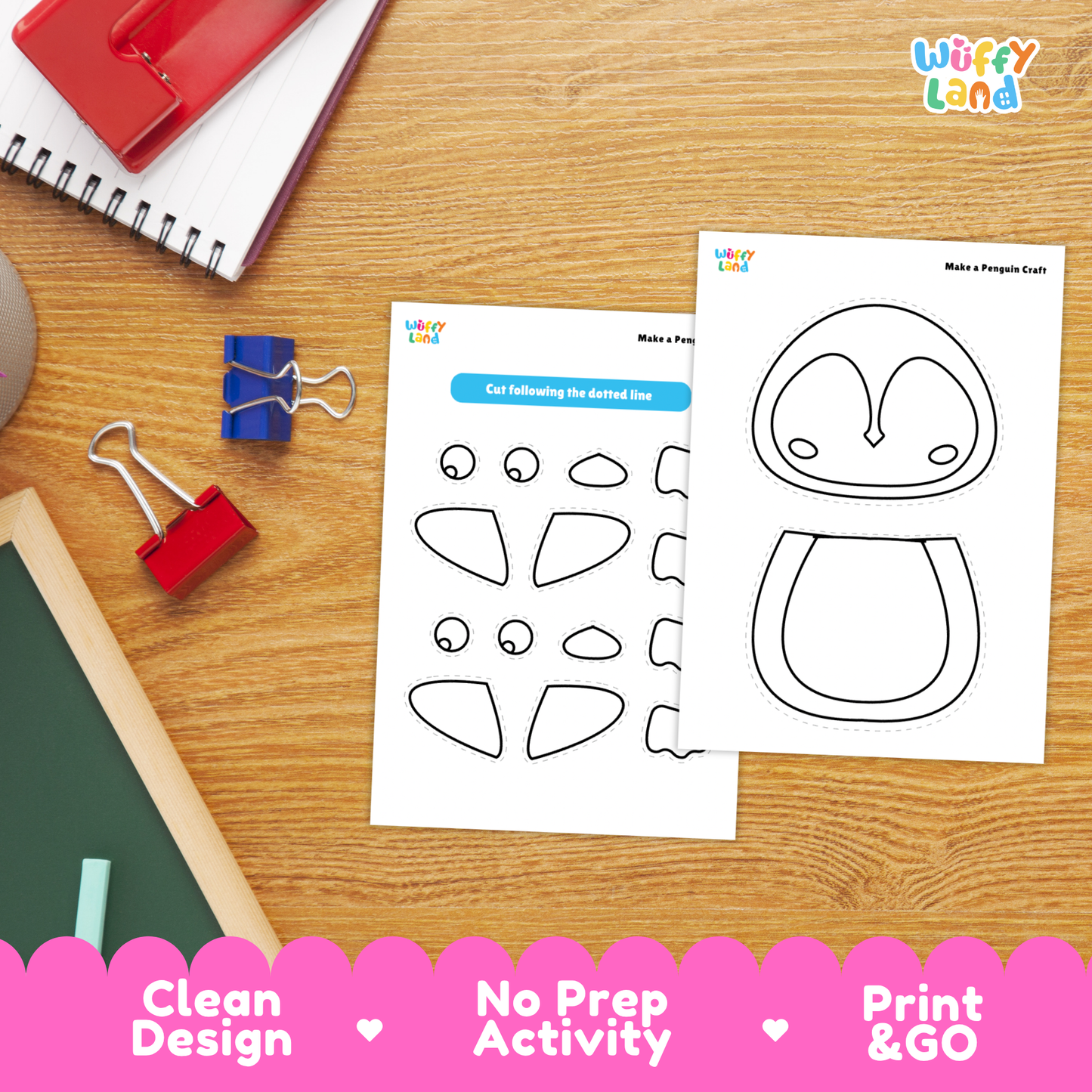 Printable penguin craft activity sheets showing cut-and-paste pieces, coloring templates, and different penguin designs including winter and holiday accessories