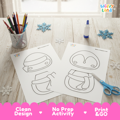 Printable penguin craft activity sheets showing cut-and-paste pieces, coloring templates, and different penguin designs including winter and holiday accessories
