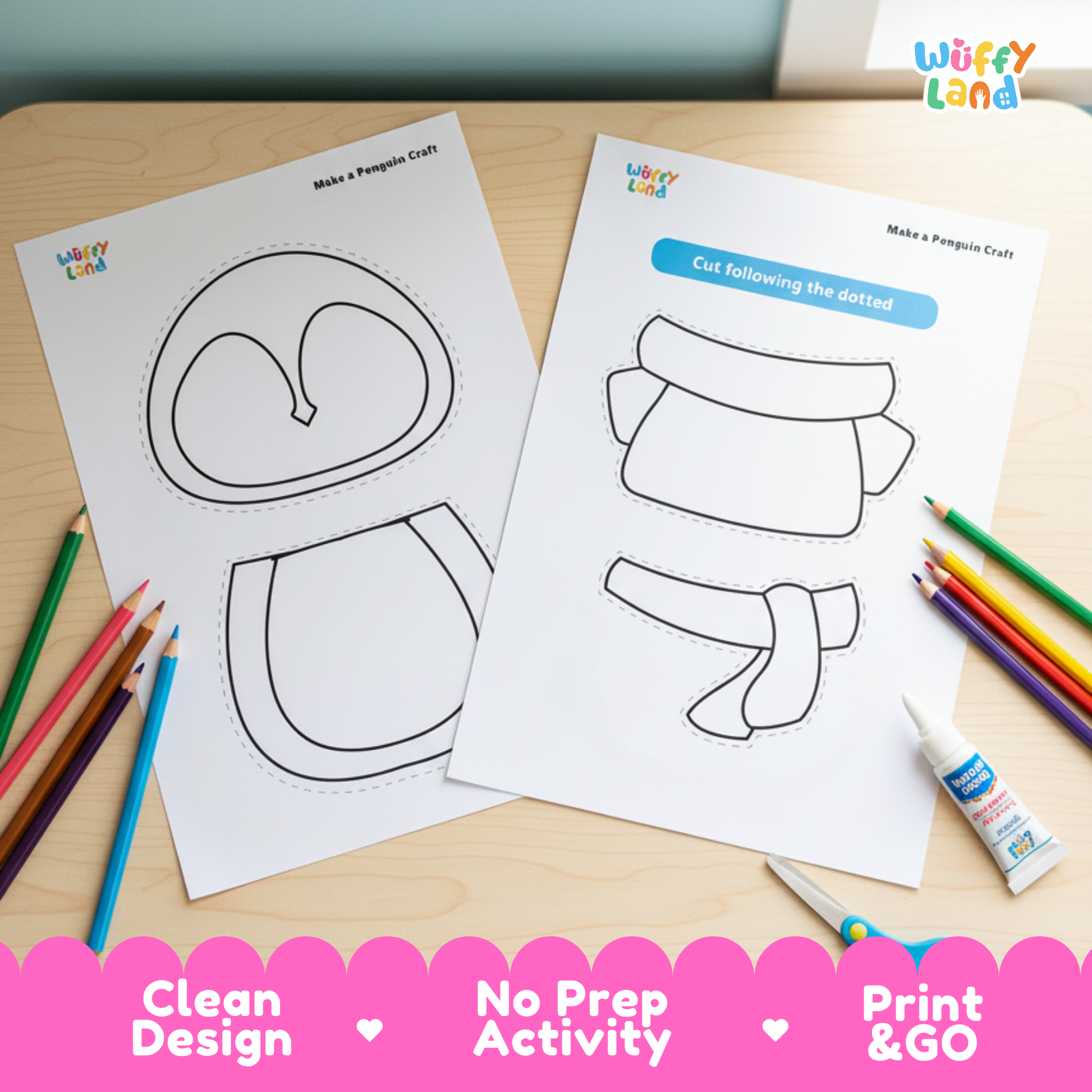 Printable penguin craft activity sheets showing cut-and-paste pieces, coloring templates, and different penguin designs including winter and holiday accessories