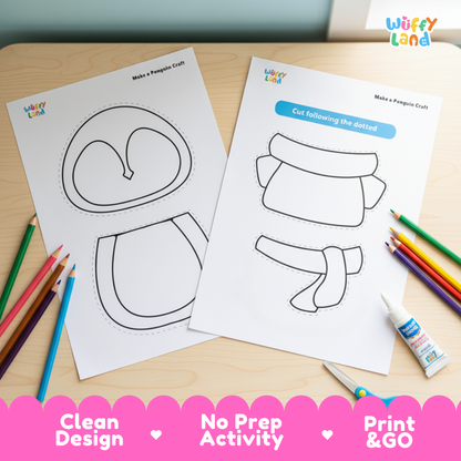 Printable penguin craft activity sheets showing cut-and-paste pieces, coloring templates, and different penguin designs including winter and holiday accessories