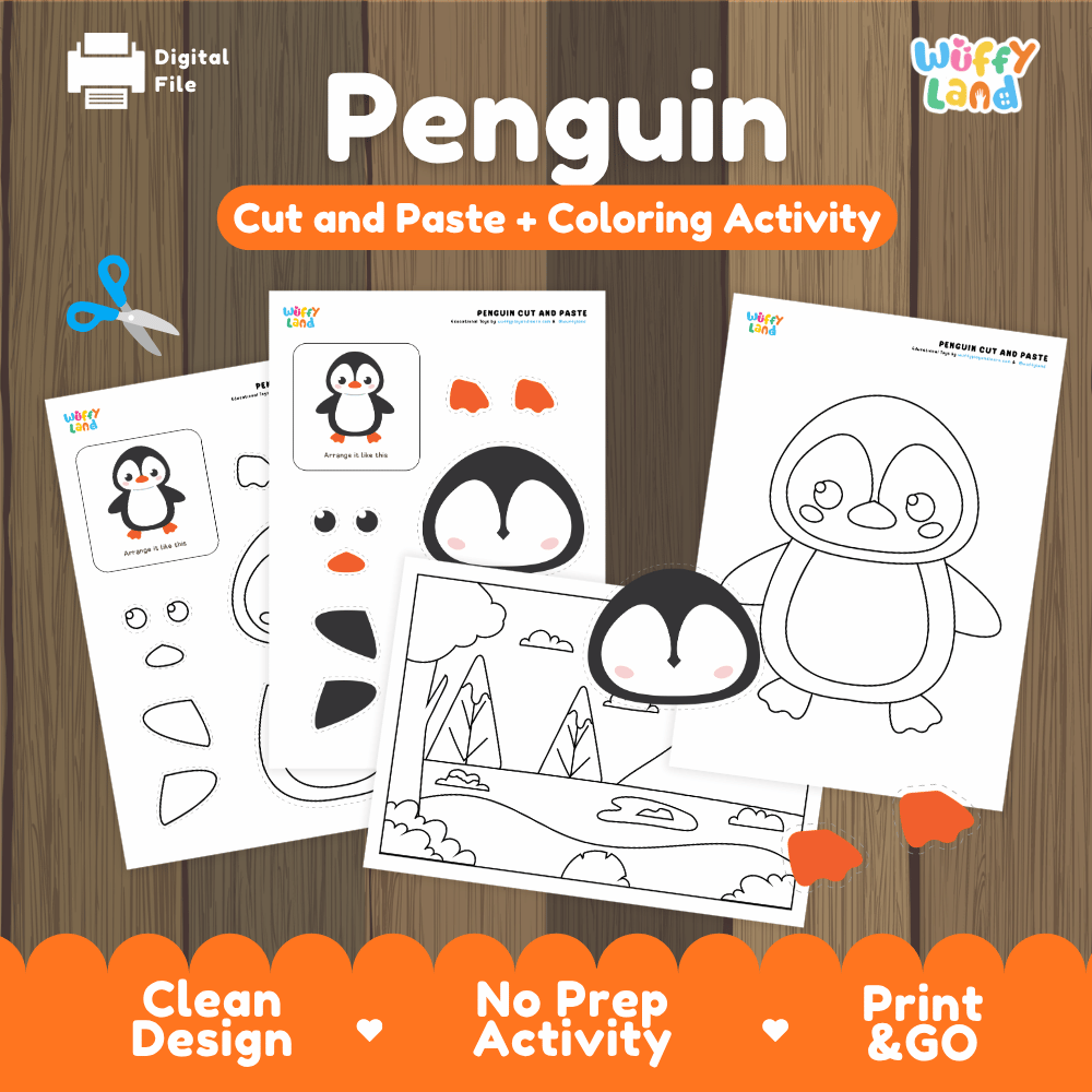 Penguin Cut and Paste Craft and Coloring Activity Worksheets