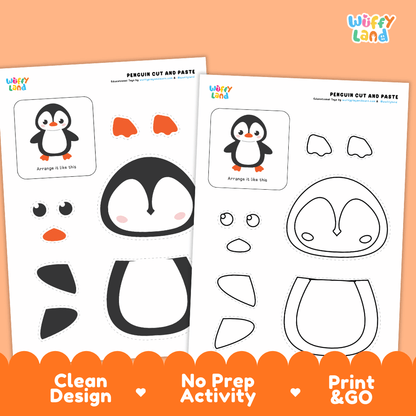 Penguin Cut and Paste Craft and Coloring Activity Worksheets
