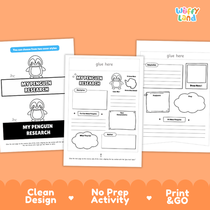 Three printable activity sheets for children about penguins are shown on an orange background. The center sheet has a penguin illustration and text boxes for writing, and the side sheets show black-and-white and colored options.