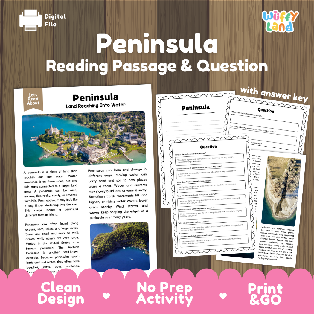 Digital reading activity product for 'Peninsula Reading Passage & Question' by Wiffy Land, shown on a wood background with sample pages, a digital file icon, and pink promotional text at the bottom.