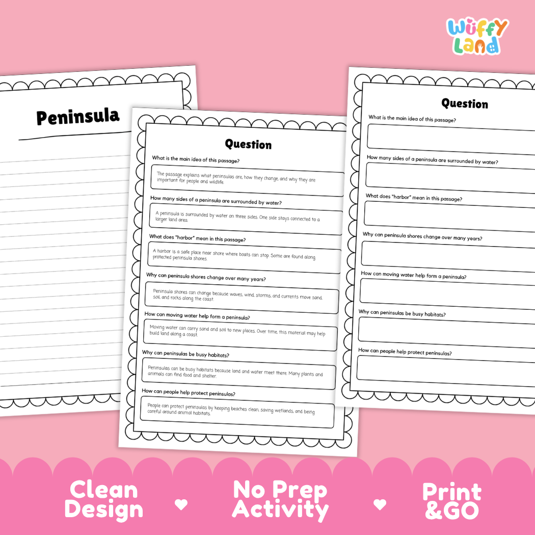 Three printable worksheet pages about a pinniped called 'Peninsula' are shown on a pink background. The pages have black text, white paper, and decorative scalloped borders.