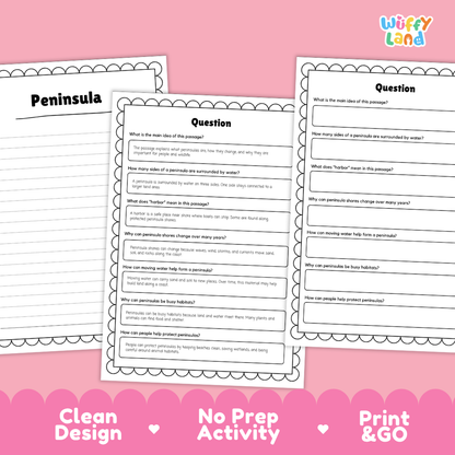Three printable worksheet pages about a pinniped called 'Peninsula' are shown on a pink background. The pages have black text, white paper, and decorative scalloped borders.
