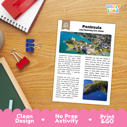 Peninsula Reading Passage and Comprehension Questions Worksheets Landforms