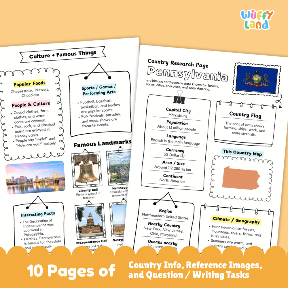 Pennsylvania Country Research Project Worksheets and Activity Pages