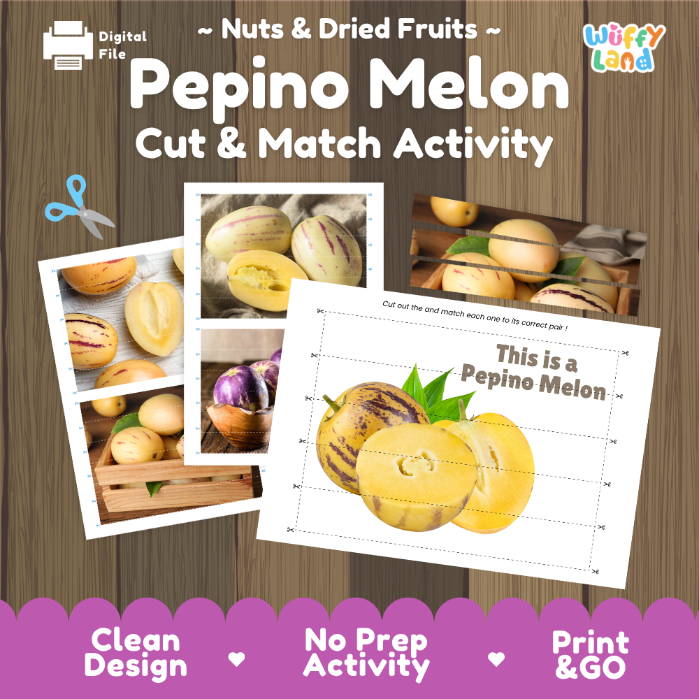 Pepino melon cut and match activity cover showing printable fine motor puzzle sheets and fruit photographs