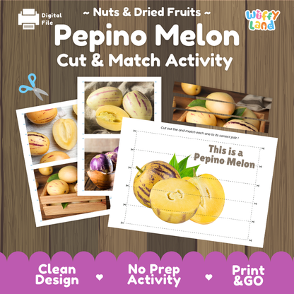 Pepino melon cut and match activity cover showing printable fine motor puzzle sheets and fruit photographs