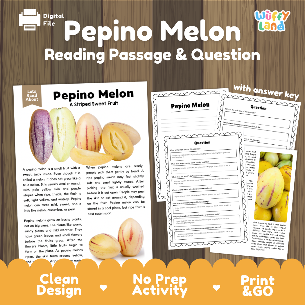 Pepino Melon reading comprehension passage and questions printable activity pack with answer key for elementary students