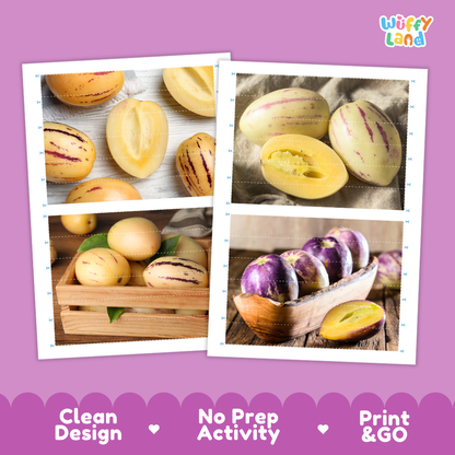 Printable activity sheets featuring photographic pepino melon puzzle boards and cutting guides