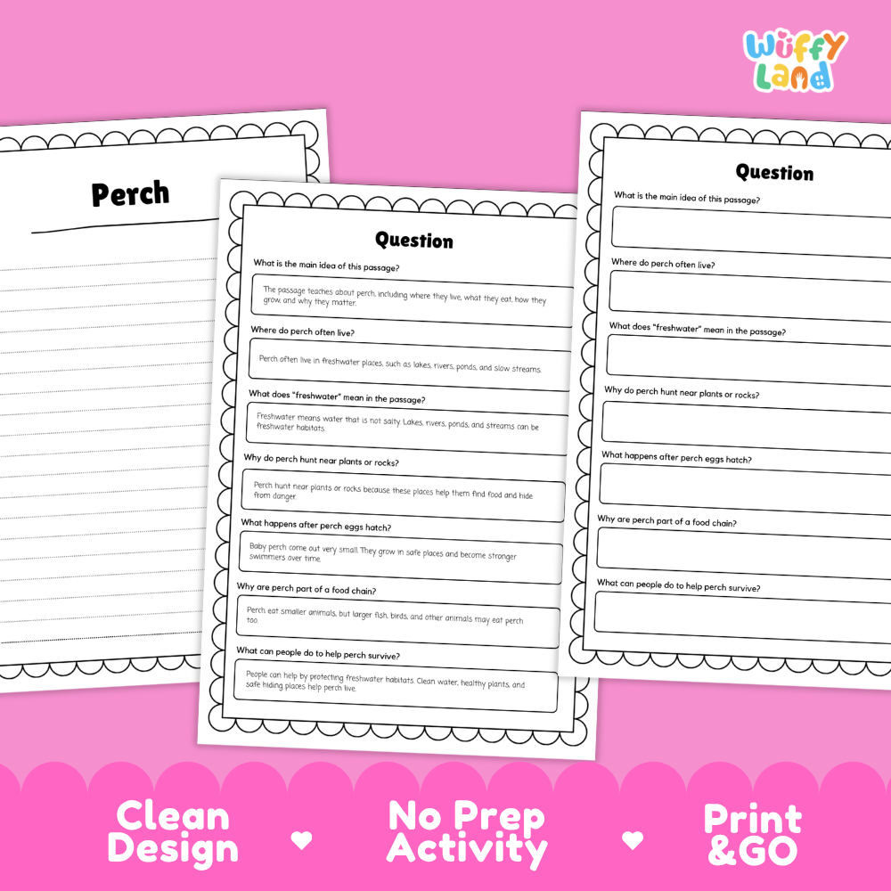 Three printable worksheet pages for a perch activity displayed on a pink background with promotional text. The pages include headings like 'Perch,' 'Question,' and writing prompts.