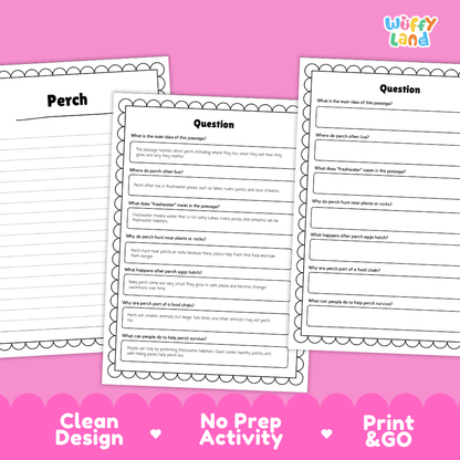 Three printable worksheet pages for a perch activity displayed on a pink background with promotional text. The pages include headings like 'Perch,' 'Question,' and writing prompts.