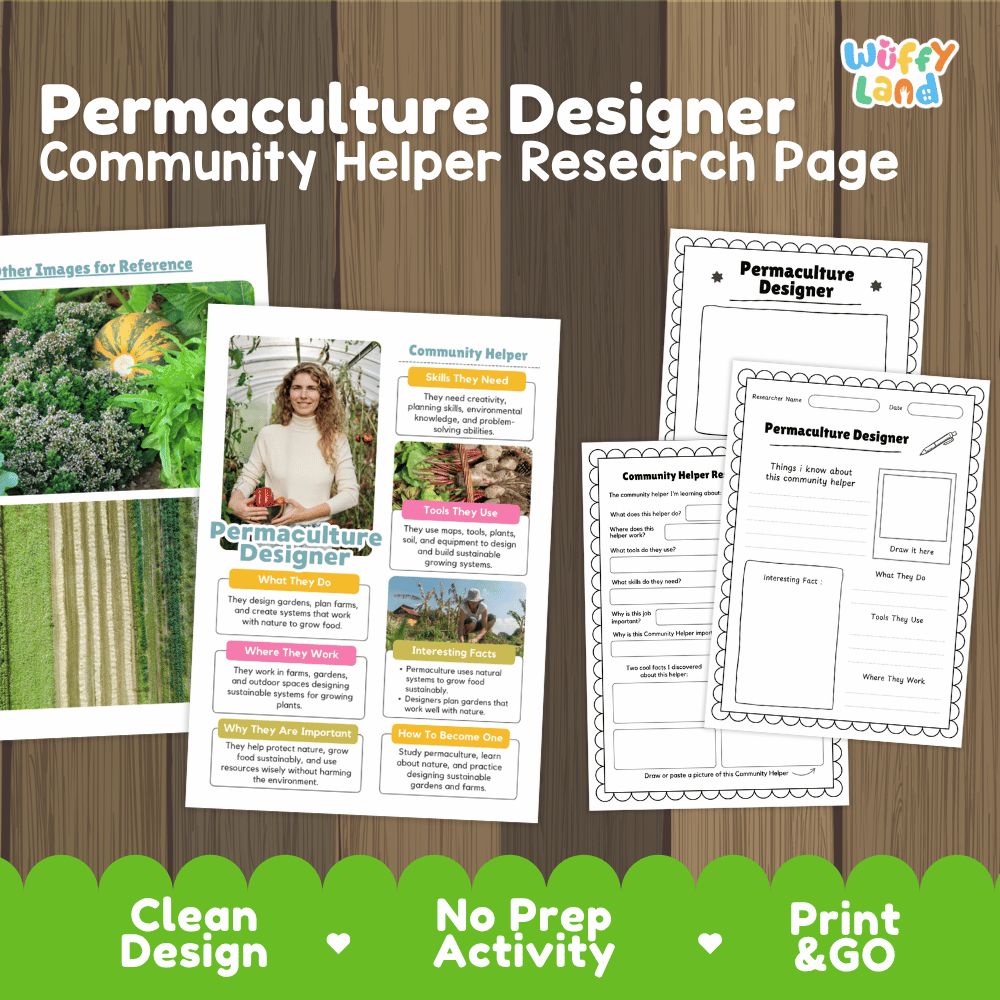 Permaculture designer community helper research page writing worksheets pack featuring real photos and student activity pages for elementary science and social studies