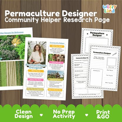 Permaculture designer community helper research page writing worksheets pack featuring real photos and student activity pages for elementary science and social studies