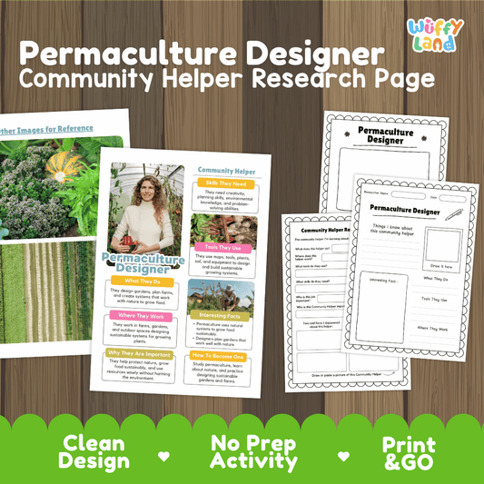Permaculture designer community helper research page writing worksheets pack featuring real photos and student activity pages for elementary science and social studies