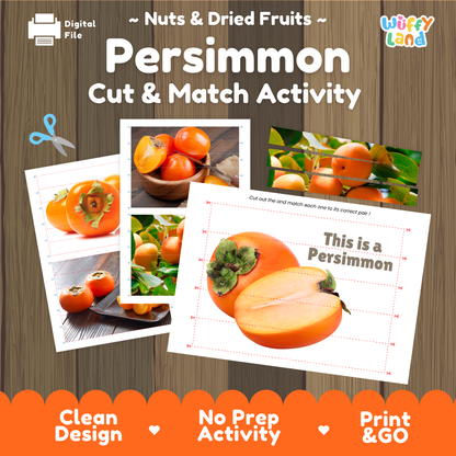 Persimmon cut and match activity cover showing printable fine motor puzzle sheets and fruit photographs