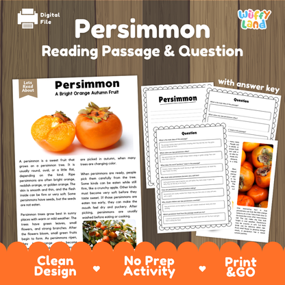 Persimmon reading comprehension passage and questions printable activity pack with answer key for elementary students
