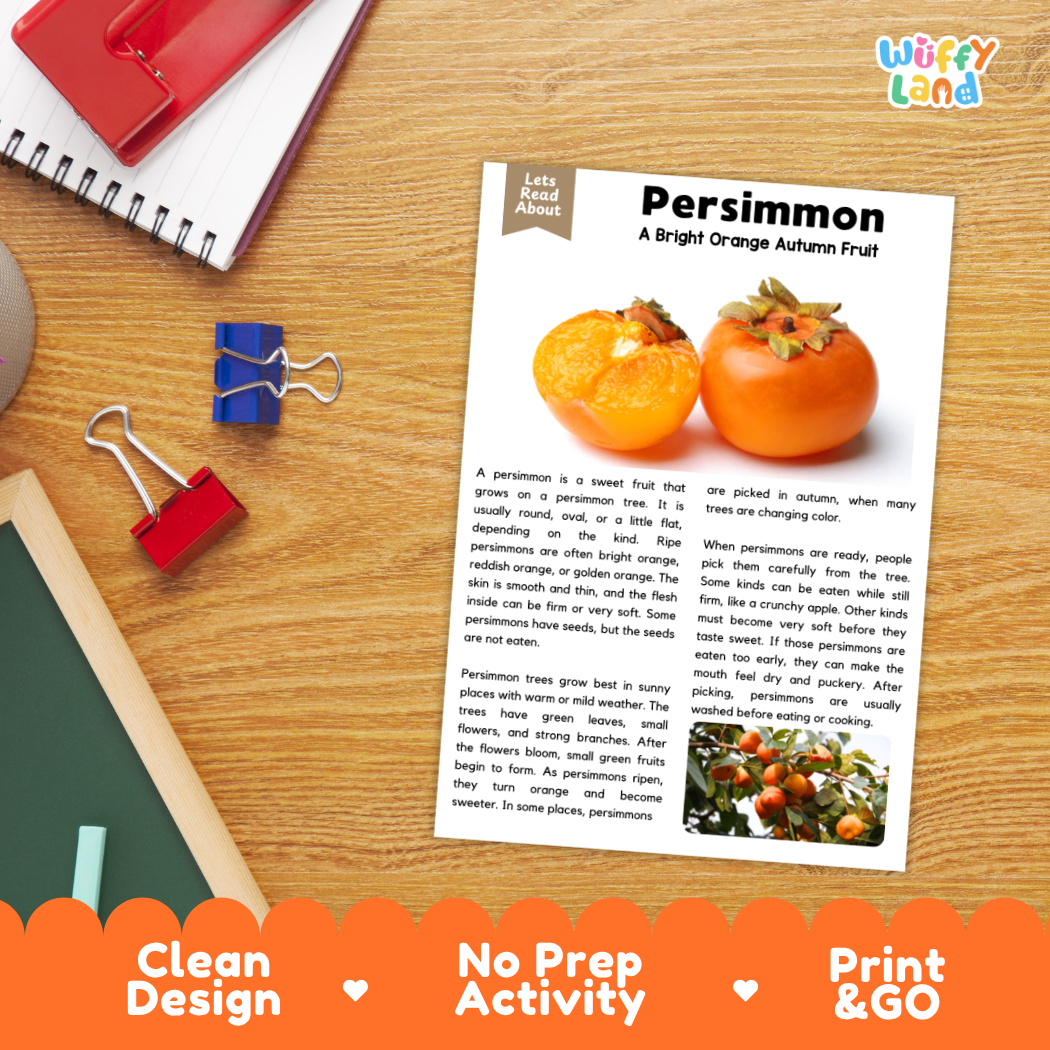 Student reading comprehension worksheet with short-answer questions and lined sections about the persimmon fruit