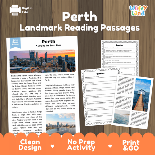 Perth landmark reading passage and comprehension worksheet educational unit featuring nonfiction text and authentic Perth Western Australia sunset skyline photography