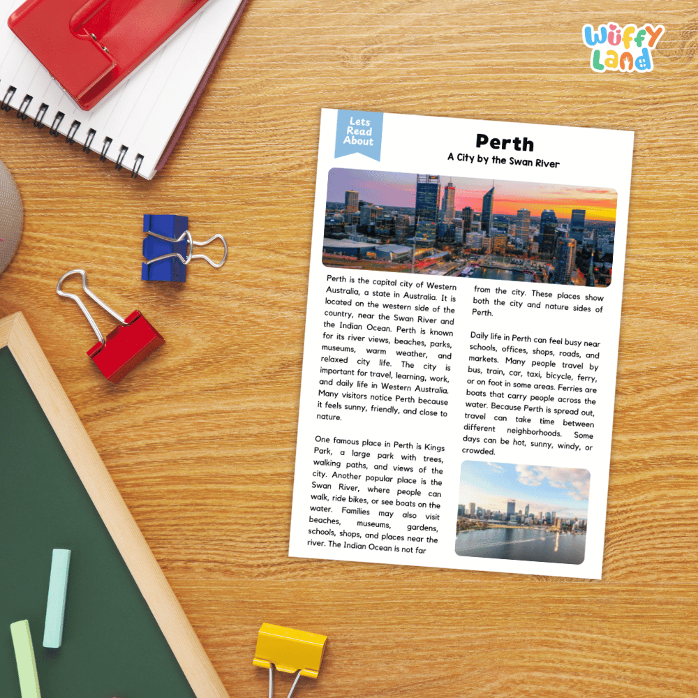 Lined reading comprehension question worksheet covering main ideas vocabulary terms and landmark facts about Perth Western Australia